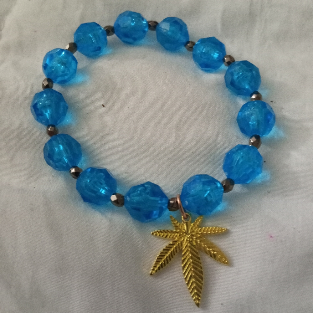 Hand Crafted Gold plated hemp leaf blue crystal bracelet